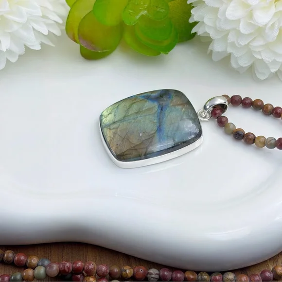 Southwest Pure Sterling Silver 925 Flash Labradorite Pendant Jasper Necklace - Picture 5 of 9